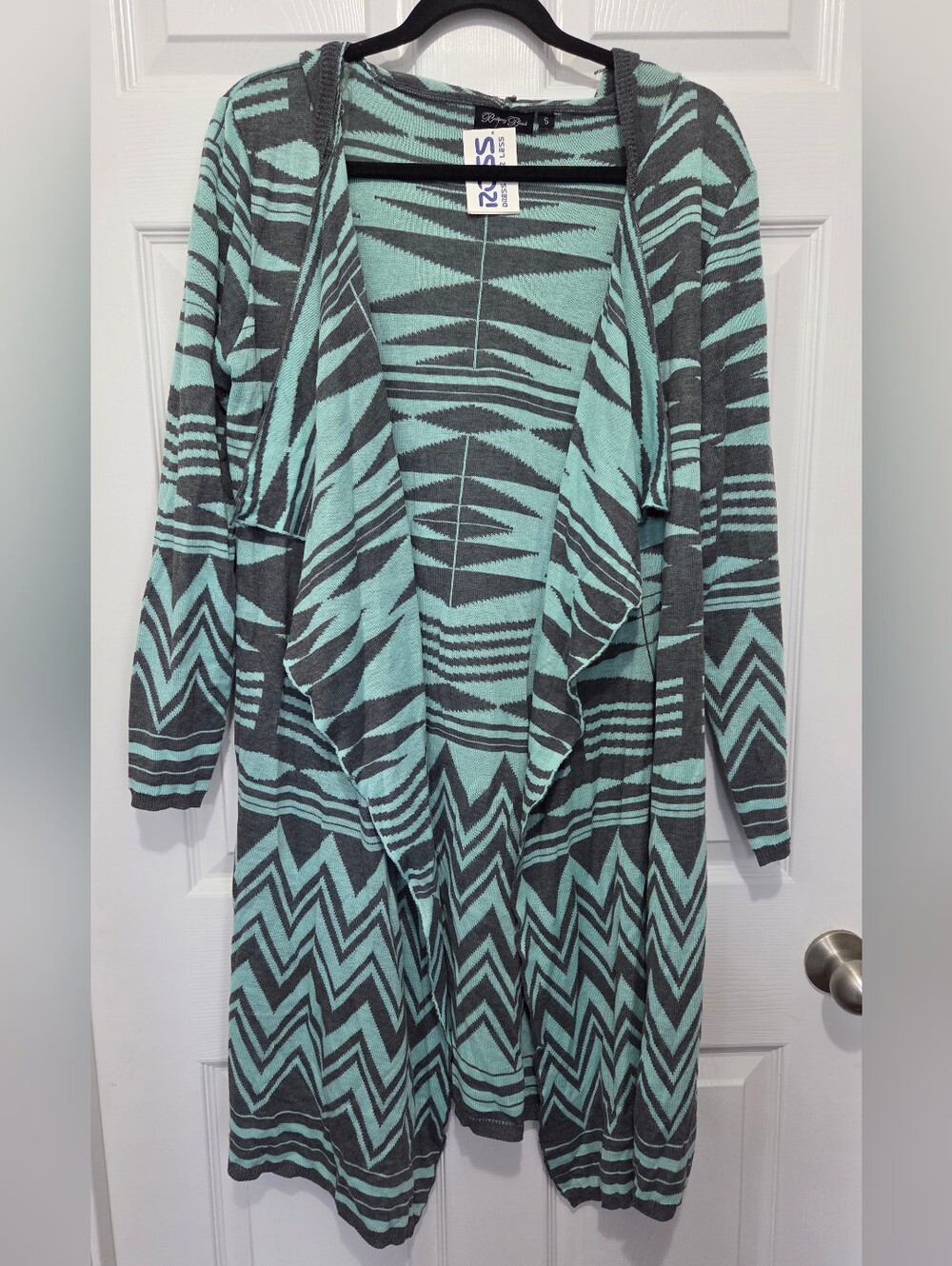 Brittany Black Teal Gray Hooded Aztec Chevron Geometric Draped Cardigan Sz Small